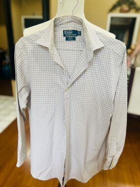 Ralph Lauren White Dress Shirt with Blue Windowpane Check